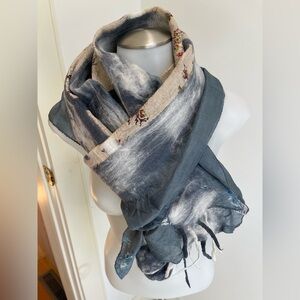 Bluish Denim/Gray Nuno Felted Wool and Saree Silk Women's Scarf with Cream Trim